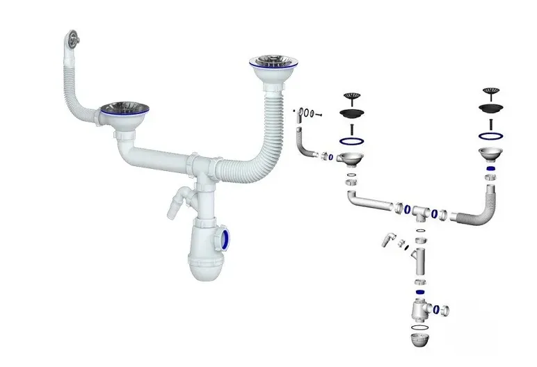 Сифон двойной для мойки Grand+ 3 1/2 телескопическая труба, круглый перелив, выпуск сталь (СН 3143-11-40)