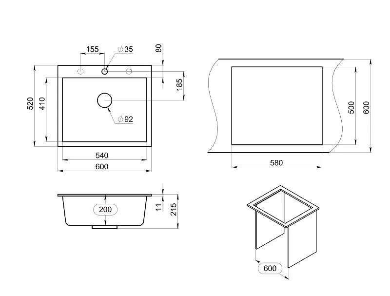Мойка для кухни Granula 6001 алюминиум, 60х52 см, квадратная