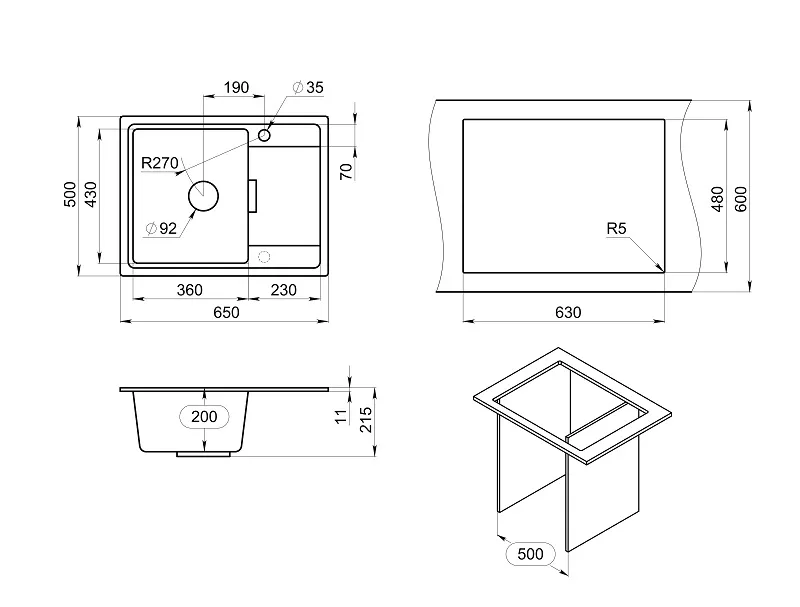 Мойка для кухни Granula 6503 алюминиум, 65х50 см, прямоугольная