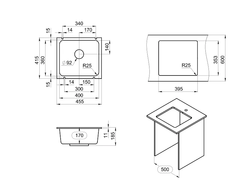 Мойка для кухни Granula 3601 алюминиум, 45,5х41,5 см, квадратная