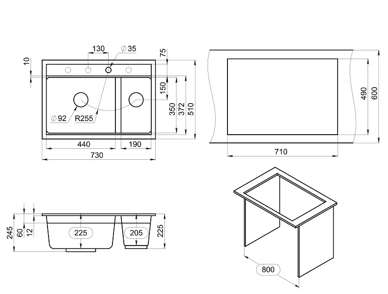 Мойка для кухни Granula Kitchen Space 7302 алюминиум, 73х51 см, прямоугольная