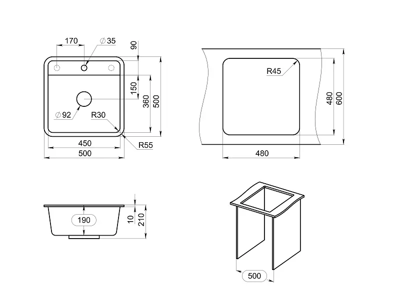 Мойка для кухни Granula Standart 5001 базальт, 50х50 см, квадратная