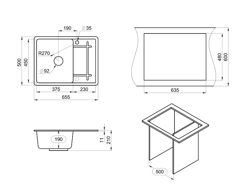 Мойка для кухни Granula 6501 алюминиум, 65,5х50 см, прямоугольная