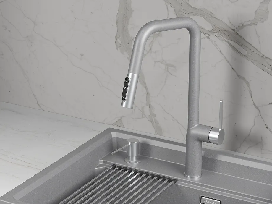 Смеситель для кухни Granula 9011 алюминиум, подключение к фильтру, выдвижной излив, с душем