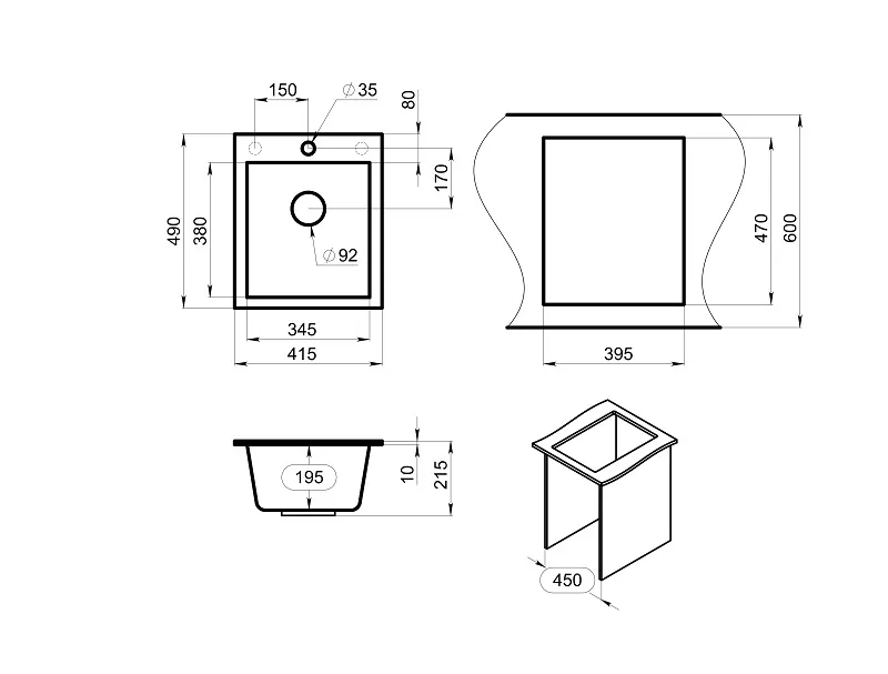 Мойка для кухни Granula 4201 алюминиум, 41,5х49 см, квадратная