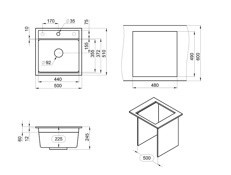 Мойка для кухни Granula Kitchen Space 5002 алюминиум, 50х51 см, квадратная