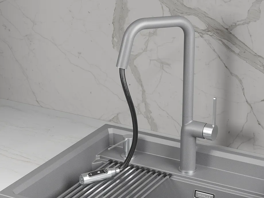 Смеситель для кухни Granula 9011 алюминиум, подключение к фильтру, выдвижной излив, с душем