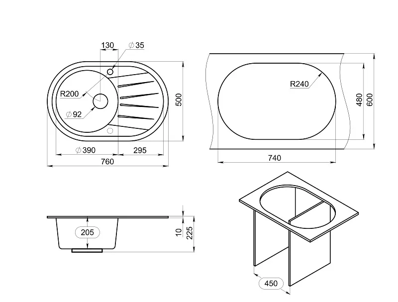 Мойка для кухни Granula Standart 7601 базальт, 76х50 см, овальная
