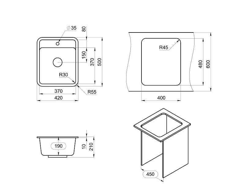 Мойка для кухни Granula Standart 4202 базальт, 42х50 см, квадратная