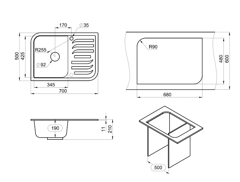 Мойка для кухни Granula 7001 арктик, 70х50 см, прямоугольная