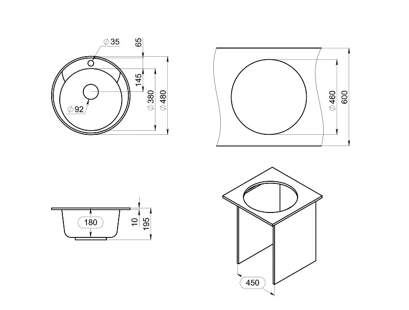 Мойка для кухни Granula Standart 4802 базальт, D48 см, круглая
