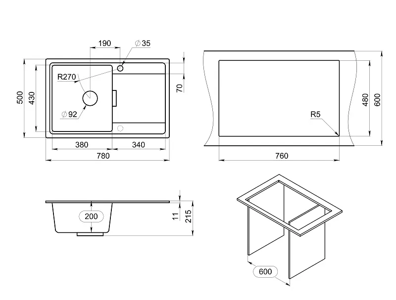 Мойка для кухни Granula 7804 алюминиум, 78х50 см, прямоугольная