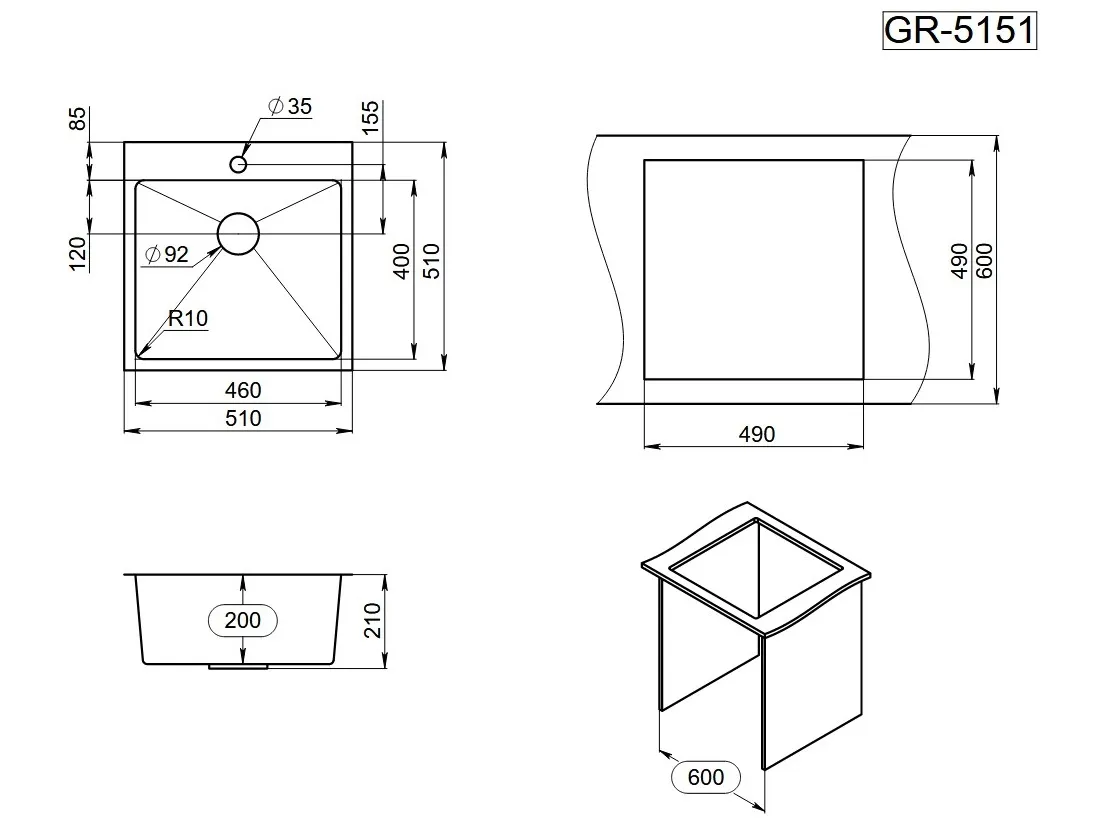 Мойка для кухни Granula 5151 графит матовый, 51х51 см, квадратная