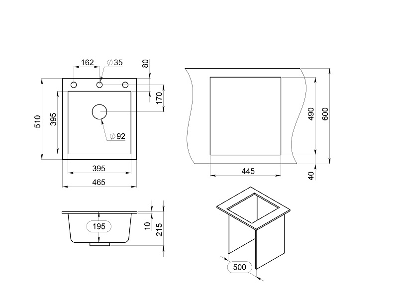 Мойка для кухни Granula 4651 алюминиум, 46,5х51 см, квадратная